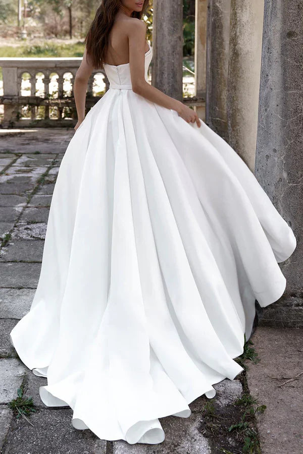 Luolandi A line Sweetheart Satin Hall Leisure Wedding Dress Country Style Bridal Dress Off Shoulder Sexy
